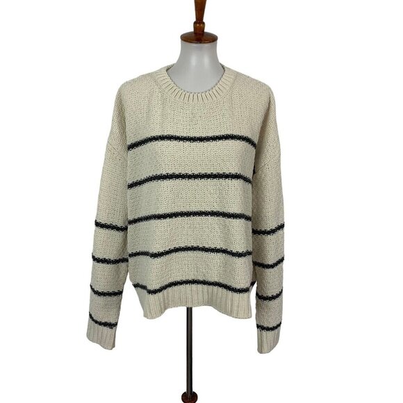 POL Women's Sweater Large Blue Ivory Striped Slouchy Knit Pullover - Picture 1 of 5